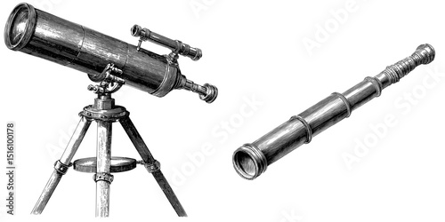 A black and white outline engraving of a telescope is created to mimic a scratch board
