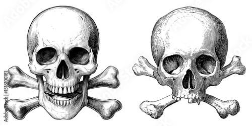 The image features a skull and crossed bones in a vintage line art style, presented as a black and white outline sketch engraving with a scratch board effect on a white background