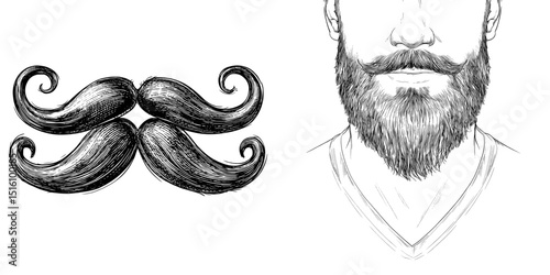 A sketch of a handlebar mustache and beard is depicted in black and isolated