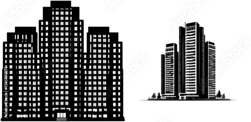 A modern illustration of a black and white building showcases a simple house icon as a design symbol of real estate architecture
