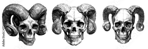 A human skull featuring a horn is depicted in a sketch engraving with a black and white outline, created in a scratch board imitation style and illustrated in vintage line art on a white background