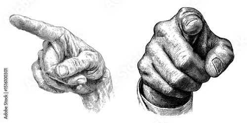 The modern illustration includes a detailed sketch of a human hand with the fingers extended forward in black and white