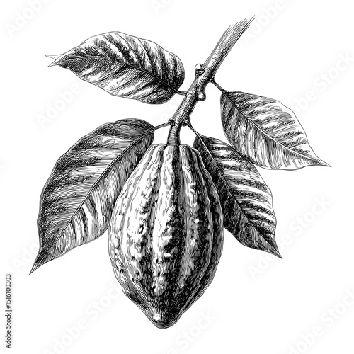 The illustration is a modern, detailed sketch of a cacao pod and its leaves, presented in black and white with a botanical focus