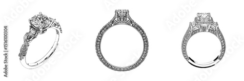A modern black and white illustration depicts a detailed sketch of a diamond engagement ring