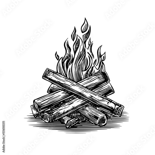 The image is a modern illustration of a bonfire, complete with rising flames and wood logs, in black and white