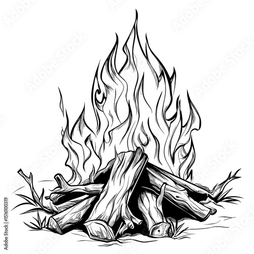 A campfire with logs and flames is illustrated in black and white using a sketch style, presented as a modern illustration