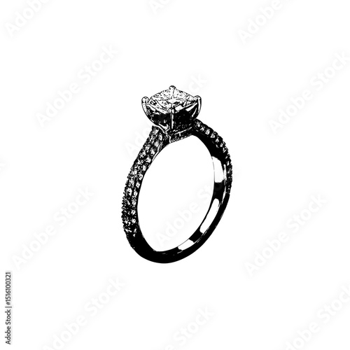 In black and white, a modern illustration presents an elegant sketch of a diamond engagement ring, highlighting its intricate details