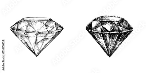 Modern illustration featuring a detailed black and white sketch of a diamond with facets