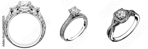 Modern illustration of a diamond engagement ring featuring intricate black lines, a design for jewelry