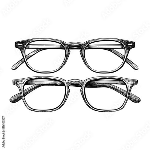 The modern illustration presents a black and white sketch of two classic eyeglasses complete with detailed textures