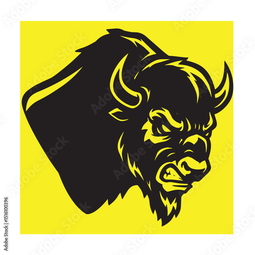 Powerful bison head silhouette on yellow background representing strength and aggression