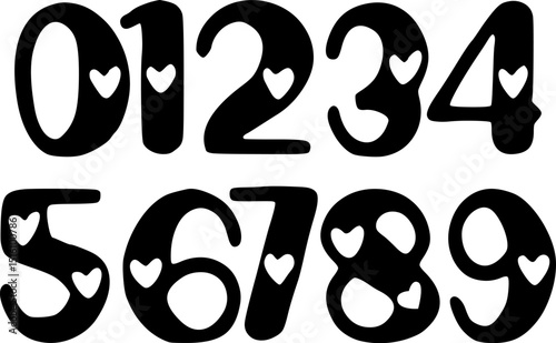 A stylish set of numbers 0 to 9 designed with heart silhouettes for a romantic and playful look. Perfect for love-themed projects, Valentine’s Day designs, wedding decorations, anniversary cards, even