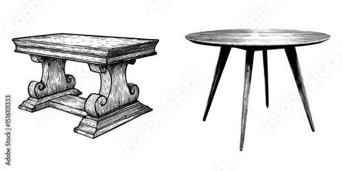 An engraved wooden table is showcased in an illustration with a black and white style