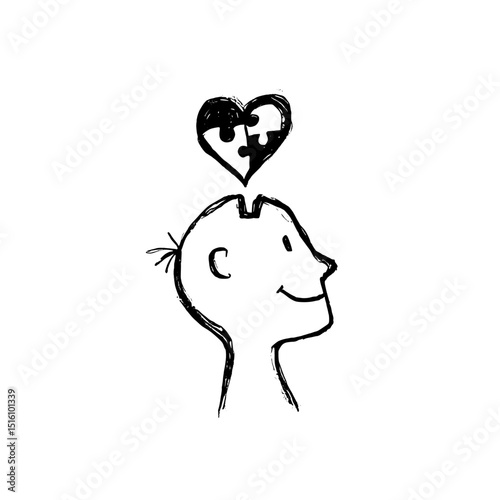 A puzzle heart is situated within a contemplative head silhouette, rendered in a hand-drawn sketch style characterized by thin, uneven lines and organic shapes, all set against a white background
