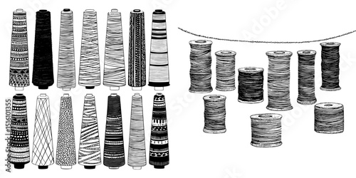 A collection of black icons depicting different kinds of sewing thread spools arranged in a line