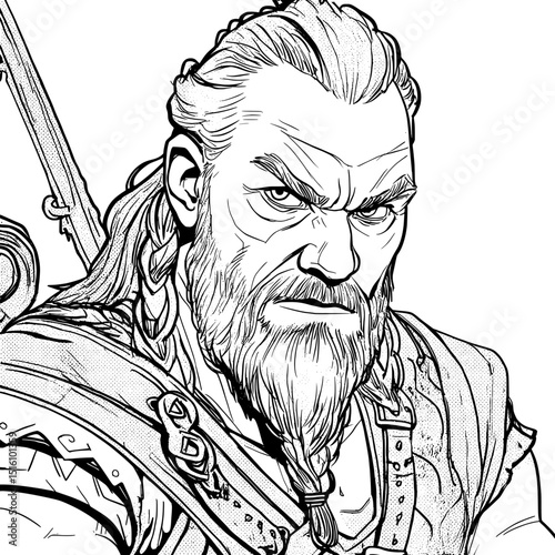 A hand-drawn image shows a strong and bearded man with a rugged, harnessed look