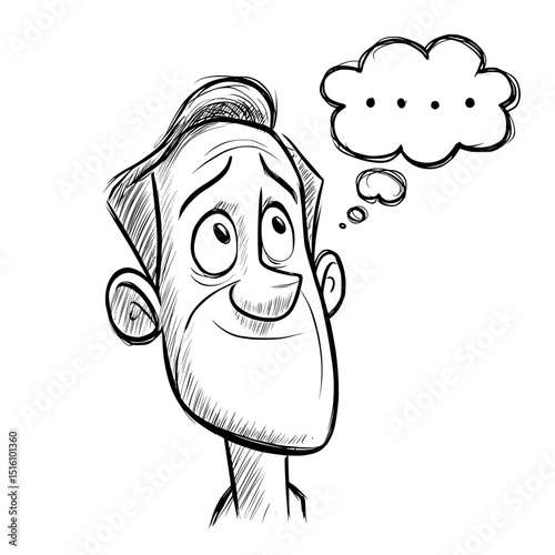 A black and white hand drawn illustration of a male face with a thoughtful expression