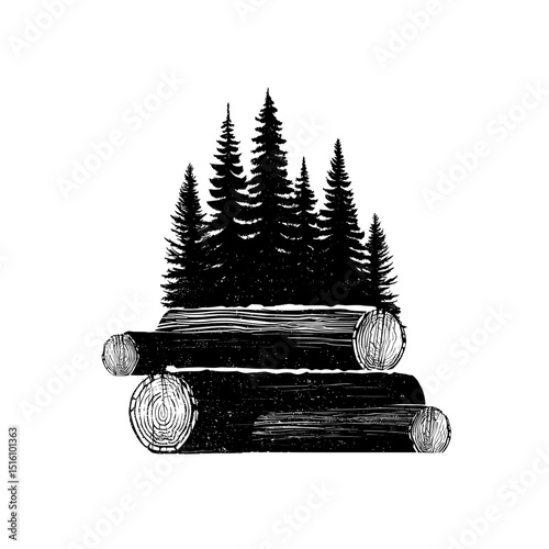A Black and White Hand Drawing of Trees and Stacked Logs