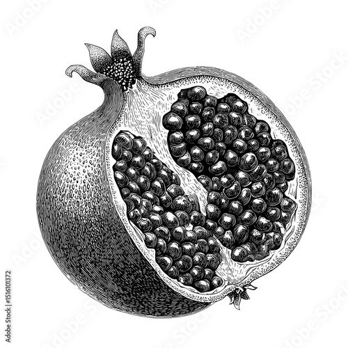 The intricate details of a pomegranate's interior are captured in a black and white illustration, featuring seeds with textures rendered in a vintage hand-drawn engraving technique