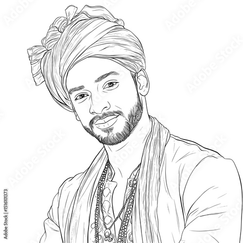 The image depicts a bearded male wearing a turban in a hand drawn style