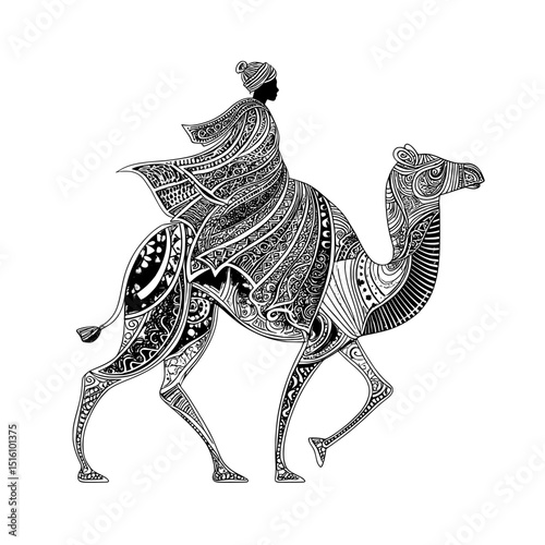 A plain background serves as the setting for a hand-drawn illustration of a camel rider