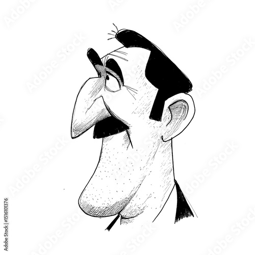 A detailed illustration, hand-drawn, shows the profile of a man with a mustache
