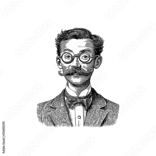A vintage illustration hand-drawn with great care shows a stylish gentleman wearing a mustache