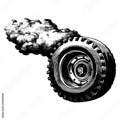 Illustration of a tire with smoke clouds, drawn by hand and depicting motion