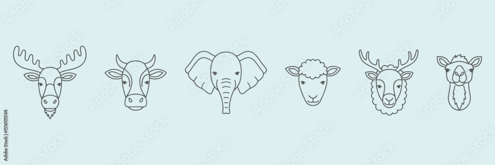 Farm animals like moose, cow, elephant, sheep, deer and camel hand drawn vector outline icons. Farm animals like moose, cow, elephant, sheep, deer and camel hand drawn vector outline icons.