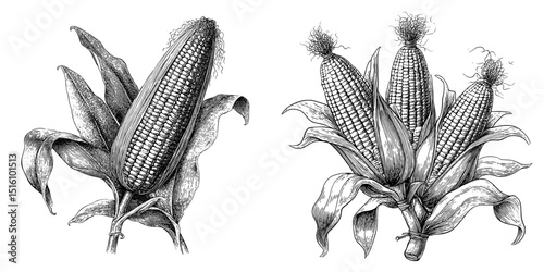 A detailed monochrome image of corn on the cob accompanied by leaves is presented in a vintage style