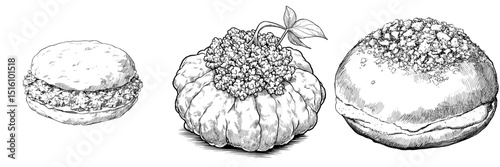 A cream-filled pastry bun is depicted in a detailed sketch, complete with a textured topping