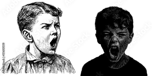 A scratch board imitation is presented in the form of a black and white outline sketch engraving of a young boy's scream