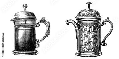 A sketch of a vintage French press coffee maker is depicted with detailed lines and a classic design