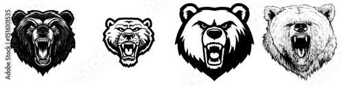 Modern art style black and white illustration of a fierce grizzly bear head mascot logo with snarling expression, sharp teeth, and aggressive pose, featuring detailed fur texture