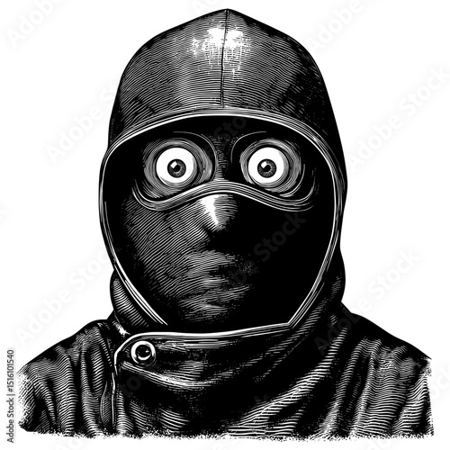 A ninja portrait is rendered in a black and white outline sketch, presented as a scratch board imitation in vintage line art style on a white background