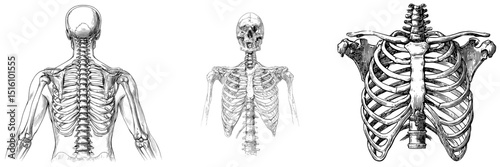Collection of anatomical illustrations featuring monochrome spine and rib cage x-rays