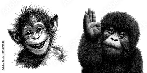 Smiling Ape in Monochrome is a captivating portrait that highlights the ape's friendly demeanor, intelligent gaze, and human-like characteristics, all set against a monochrome backdrop