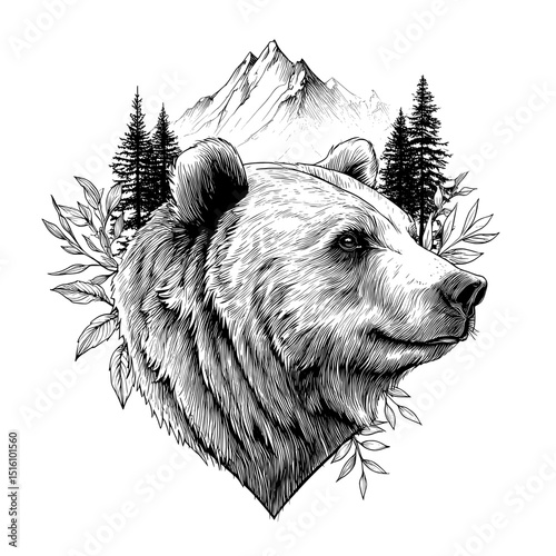 The image features an intricately engraved bear positioned in front of a mountainous landscape with dense foliage