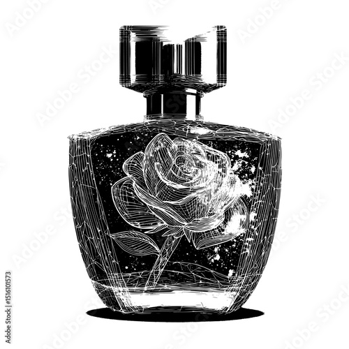 The perfume bottle, with its rose flower line ornament and golden sparkle shine, serves as a modern emblem for a perfumery store, and its luxury golden design makes it perfect for a premium perfumery
