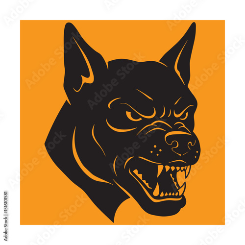 Silhouette of an angry dog head with sharp teeth on an orange background