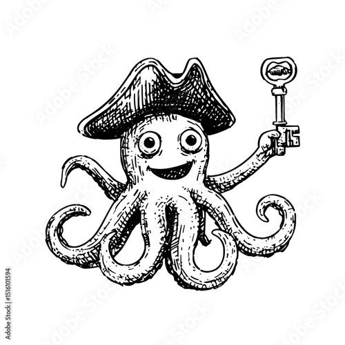 This modern and adventurous character is a cartoon octopus pirate who dons a tricorn hat and wields a golden key and hand bomb, making it ideal for games or storytelling