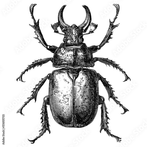 A detailed black and white illustration of an insect created using hand-drawn linocut techniques