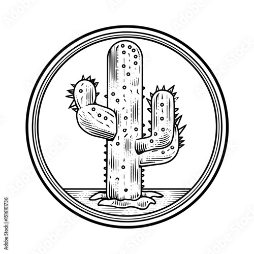 A desert landscape serves as the setting for the cactus in this hand-drawn linocut artwork
