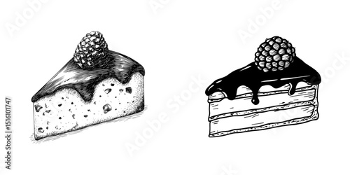 Modern illustration featuring a slice of cake with chocolate glaze and raspberry, illustrated in a black and white drawing with a sketch style