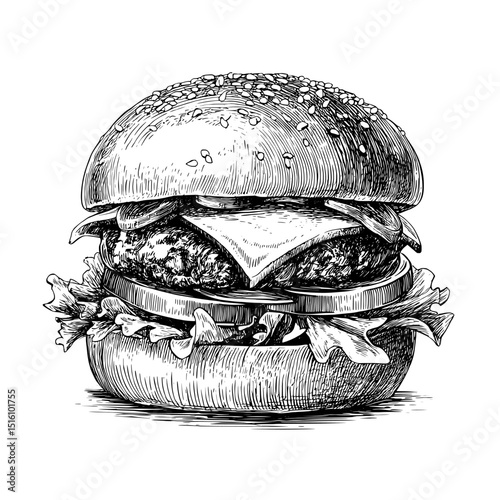Modern illustration featuring a detailed sketch style depiction of a hamburger with lettuce and cheese in black and white