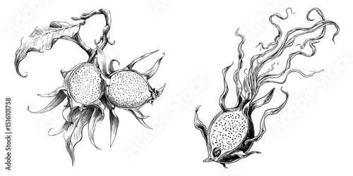 The modern illustration showcases a dragon fruit in detailed black and white, incorporating stylized textures in a sketch style