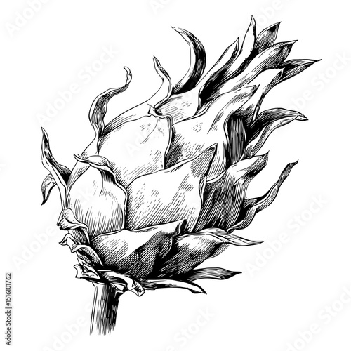 Detailed texture in a sketch style defines the monochrome illustration of a dragon fruit, embodying a modern tropical concept