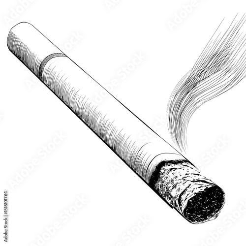 A cigarette is depicted in a detailed black and white sketch style illustration, lying at an angle, in a modern artwork