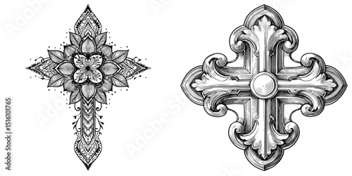 A modern illustration featuring an intricate black and white ornamental cross design in a sketch style