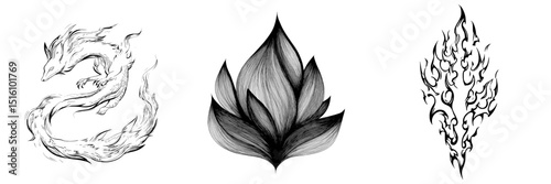 Modern illustration featuring a monochrome flame with intricate line details in a sketch style, representing a mystical art concept